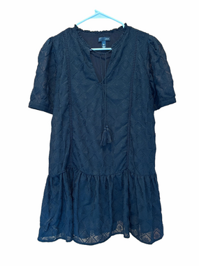 Aqua Black Eyelet Embroidered Boho Tiered Ruffle Mini Dress Size Small